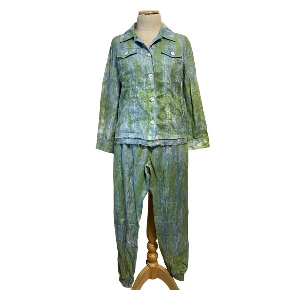 Pure Amici XS Green Tie-Dye 100% Linen Jacket & Jogger Pants Set - Picture 1 of 14